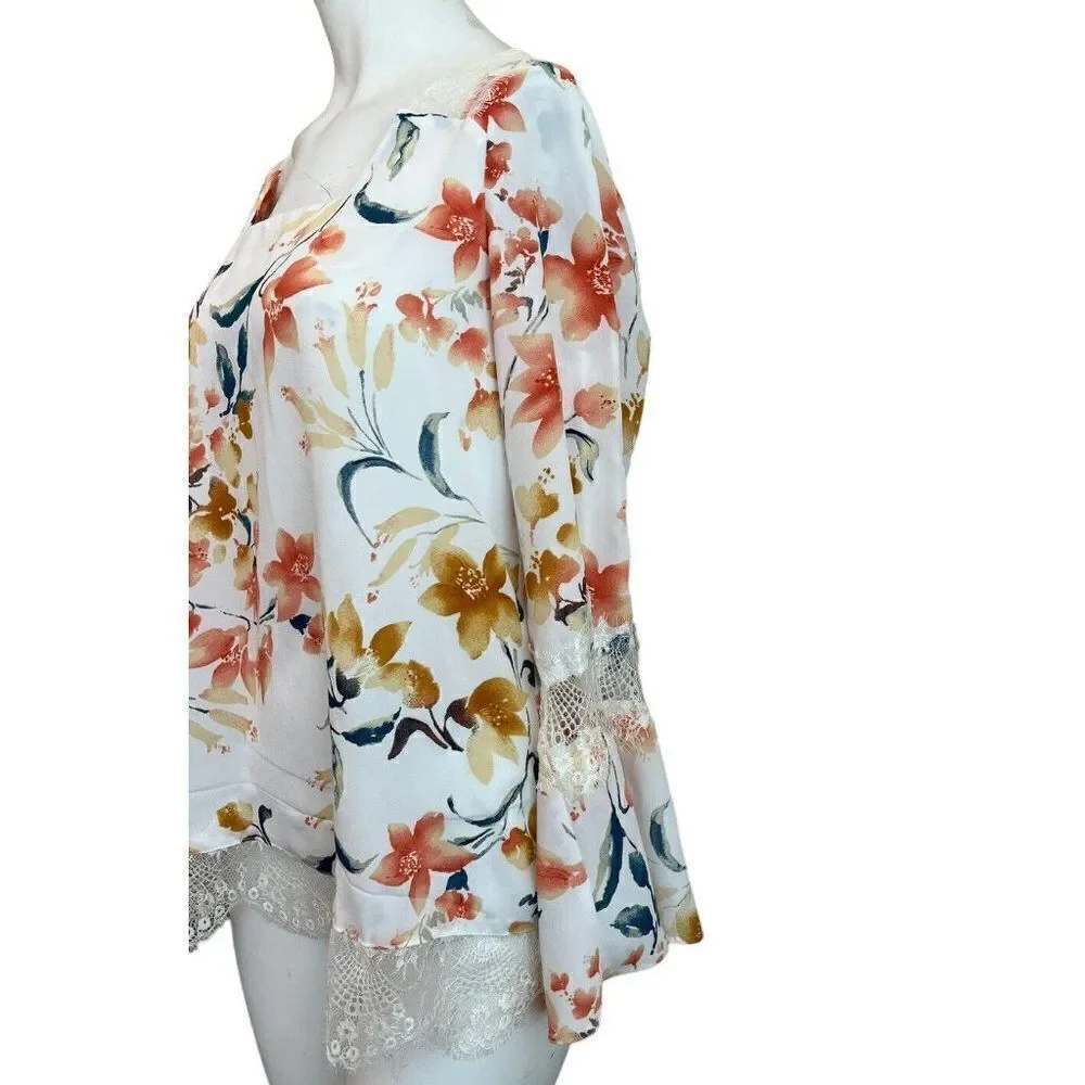 Women's Medium Blouse Off White Floral Lace Trim Top Bell Sleeves NY Collection